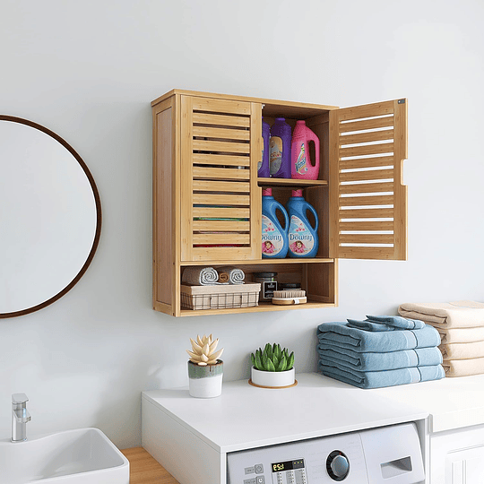 Armário de casa de banho montado na parede, organizador de bambu para armazenamento na sanita, kit de poupança de espaço com 2 portas e prateleiras ajustáveis