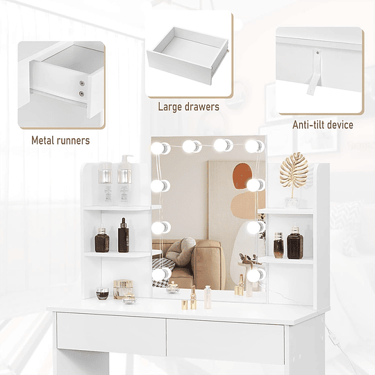 Vanity de maquilhagem com espelho e luz regulável LED, com tomada de 2 portas USB, mesa de toucador com 2 gavetas e 4 prateleiras, maquilhagem para quarto, branco