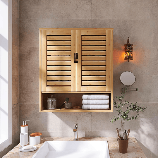 Armário de casa de banho montado na parede, organizador de bambu para armazenamento na sanita, kit de poupança de espaço com 2 portas e prateleiras ajustáveis