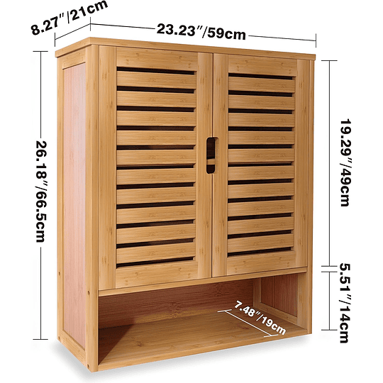 Armário de casa de banho montado na parede, organizador de bambu para armazenamento na sanita, kit de poupança de espaço com 2 portas e prateleiras ajustáveis