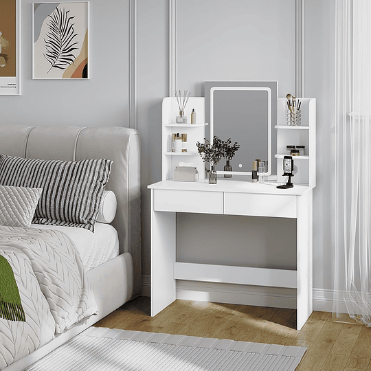 Vanity de maquilhagem com espelho e luz regulável LED, com tomada de 2 portas USB, mesa de toucador com 2 gavetas e 4 prateleiras, maquilhagem para quarto, branco