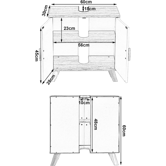 Armário de casa de banho, armário de armazenamento para debaixo de lavatório, com 2 portas bambu 60 x 30 x 62 cm