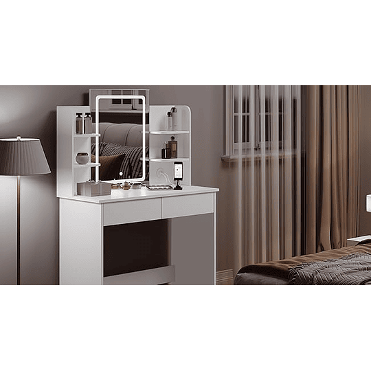 Vanity de maquilhagem com espelho e luz regulável LED, com tomada de 2 portas USB, mesa de toucador com 2 gavetas e 4 prateleiras, maquilhagem para quarto, branco