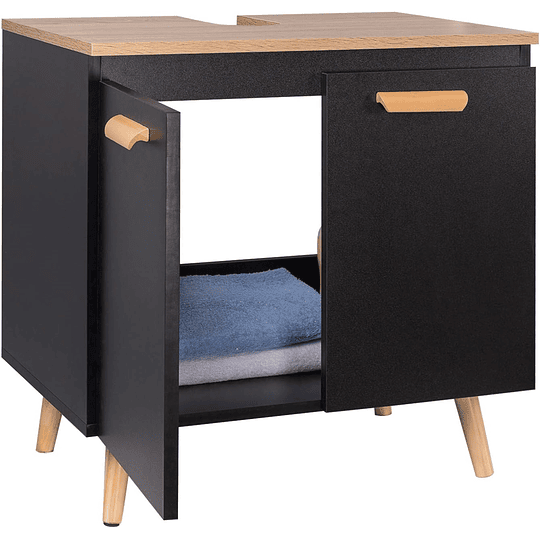 Armário de casa de banho, armário de armazenamento para debaixo de lavatório, com 2 portas bambu 60 x 30 x 62 cm