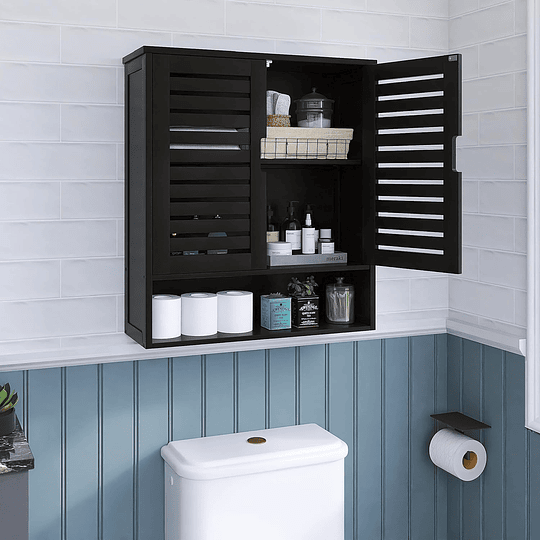 Armário de casa de banho montado na parede, organizador de bambu para armazenamento na sanita, kit de poupança de espaço com 2 portas e prateleiras ajustáveis