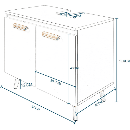 Armário de casa de banho, armário de armazenamento para debaixo de lavatório, com 2 portas bambu 60 x 30 x 62 cm