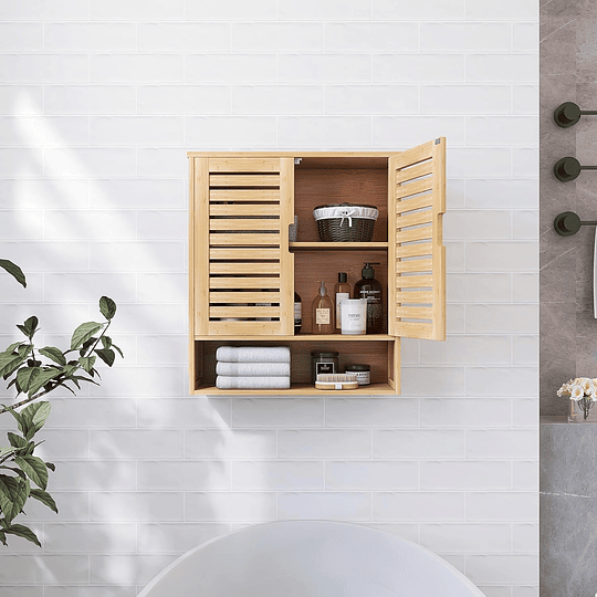 Armário de casa de banho montado na parede, organizador de bambu para armazenamento na sanita, kit de poupança de espaço com 2 portas e prateleiras ajustáveis