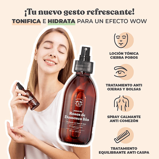 Água de rosas orgânica 200 ml - tom facial de água de rosas de damasco 100 % puro e natural - rosto, contorno de olhos, corpo, cabelo - garrafa de vidro spray