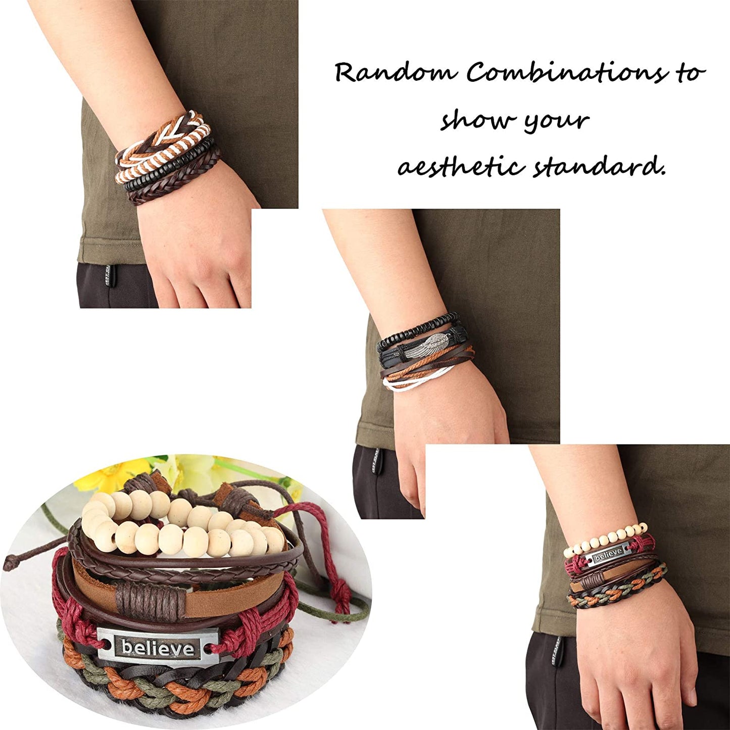 26 peças tecidas, pulseira de couro entrançado para homens e mulheres, cordões de cânhamo contas de madeira, braceletes de punho ajustáveis