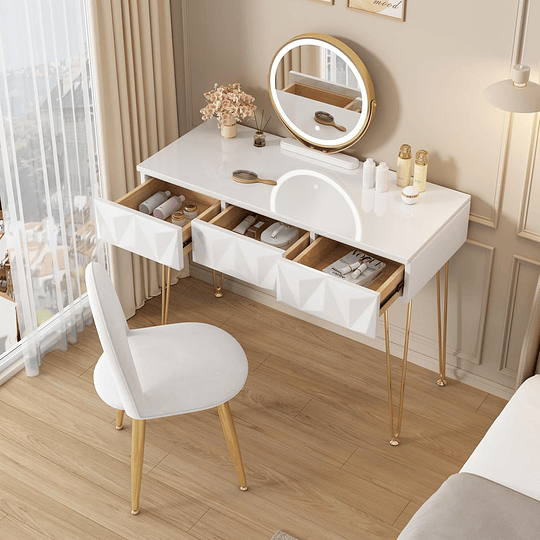 Vidro de maquilhagem com espelho e luz LED, iluminação ajustável, conjunto de mesa toucador com cadeira veludo, toucador de mesa com 3 gavetas, branco dourado