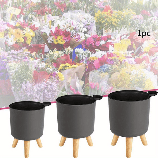 Vaso de flores redondo moderno com pernas de madeira: auto-irrigação, sistema de drenagem, uso interior/exterior, adequado para ervas e bonsai