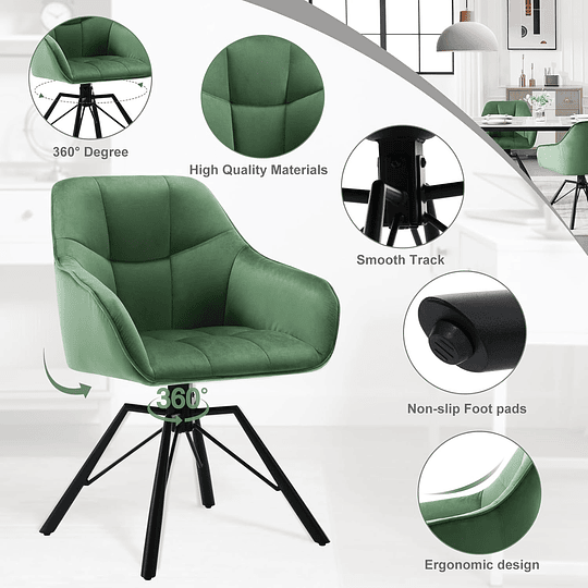 2 cadeiras de sala de jantar giratórias cadeiras de cozinha estofada em veludo macio cadeiras ergonómicas com encosto e braços para sala de estar e quarto, pernas de metal, c...