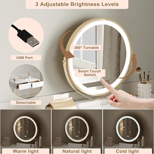 Vidro de maquilhagem com espelho e luz LED, iluminação ajustável, conjunto de mesa toucador com cadeira veludo, toucador de mesa com 3 gavetas, branco dourado