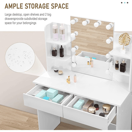 Vanity de maquilhagem com espelho e luz regulável LED, com tomada de 2 portas USB, mesa de toucador com 2 gavetas e 4 prateleiras, maquilhagem para quarto, branco