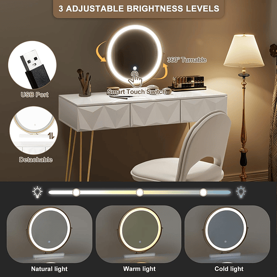 Vidro de maquilhagem com espelho e luz LED, iluminação ajustável, conjunto de mesa toucador com cadeira veludo, toucador de mesa com 3 gavetas, branco dourado
