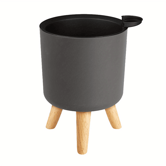 Vaso de flores redondo moderno com pernas de madeira: auto-irrigação, sistema de drenagem, uso interior/exterior, adequado para ervas e bonsai