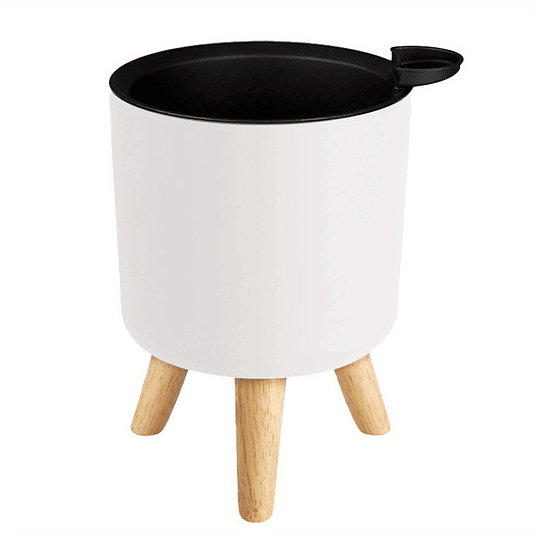Vaso de flores redondo moderno com pernas de madeira: auto-irrigação, sistema de drenagem, uso interior/exterior, adequado para ervas e bonsai