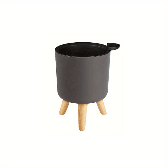 Vaso de flores redondo moderno com pernas de madeira: auto-irrigação, sistema de drenagem, uso interior/exterior, adequado para ervas e bonsai
