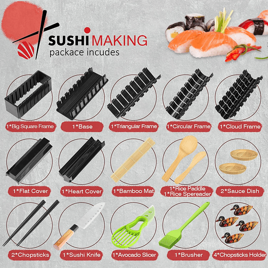 21 peças Kit para fazer sushi sushi kit sushi para iniciantes com tapete de sushi pauzinhos, cortadores de abacate, paleta, espalhador, faca, suporte para pauzinhos, pratos, escova (2...