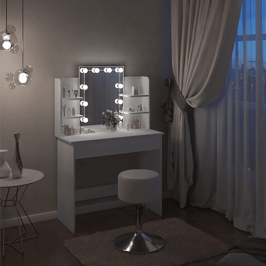 Vanity de maquilhagem com espelho e luz regulável LED, com tomada de 2 portas USB, mesa de toucador com 2 gavetas e 4 prateleiras, maquilhagem para quarto, branco