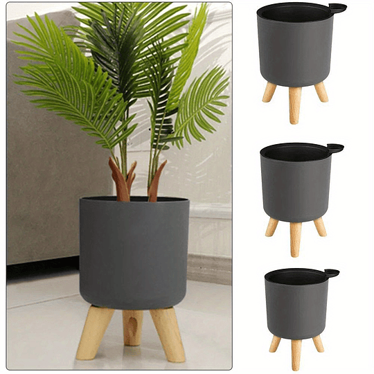 Vaso de flores redondo moderno com pernas de madeira: auto-irrigação, sistema de drenagem, uso interior/exterior, adequado para ervas e bonsai