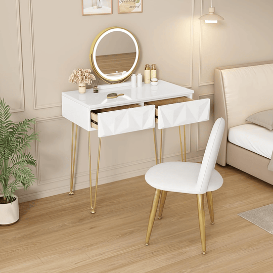Vidro de maquilhagem com espelho e luz LED, iluminação ajustável, conjunto de mesa toucador com cadeira veludo, toucador de mesa com 3 gavetas, branco dourado