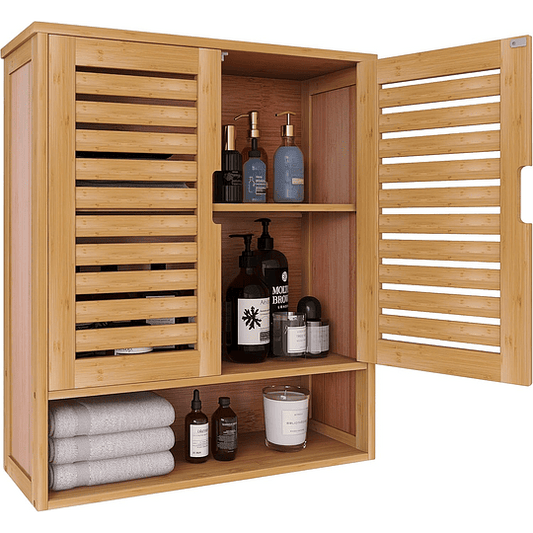 Armário de casa de banho montado na parede, organizador de bambu para armazenamento na sanita, kit de poupança de espaço com 2 portas e prateleiras ajustáveis