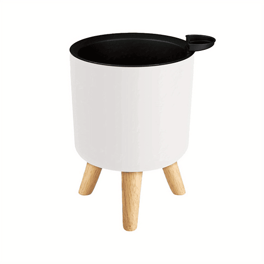 Vaso de flores redondo moderno com pernas de madeira: auto-irrigação, sistema de drenagem, uso interior/exterior, adequado para ervas e bonsai