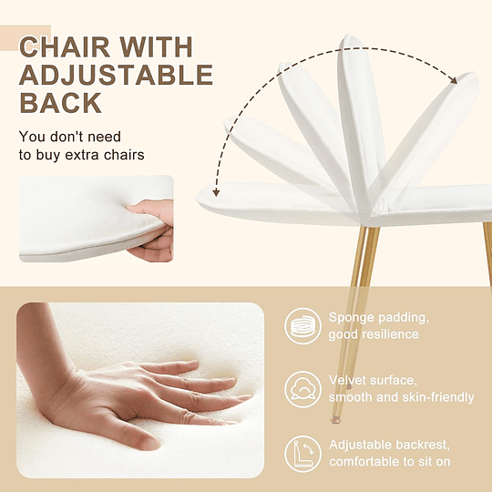 Vidro de maquilhagem com espelho e luz LED, iluminação ajustável, conjunto de mesa toucador com cadeira veludo, toucador de mesa com 3 gavetas, branco dourado