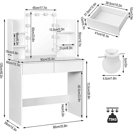 Vanity de maquilhagem com espelho e luz regulável LED, com tomada de 2 portas USB, mesa de toucador com 2 gavetas e 4 prateleiras, maquilhagem para quarto, branco