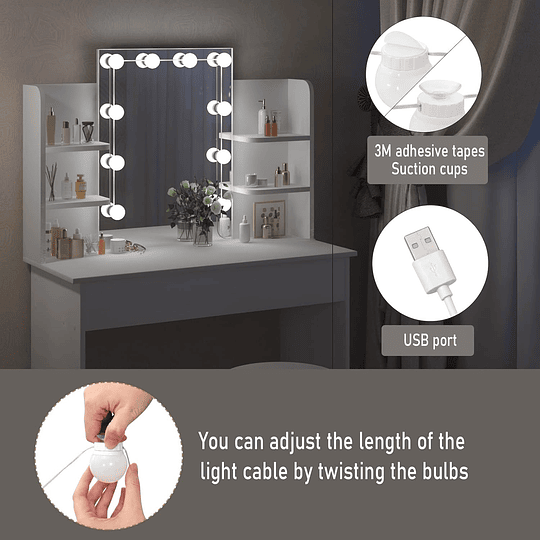 Vanity de maquilhagem com espelho e luz regulável LED, com tomada de 2 portas USB, mesa de toucador com 2 gavetas e 4 prateleiras, maquilhagem para quarto, branco