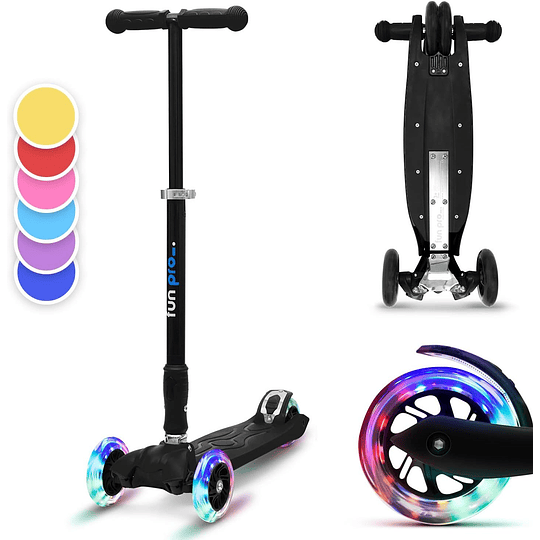 Two Scooter - o skate seguro premium para crianças, com LED nas rodas, dobrável, a partir de 5 anos, até 80 kg de carga, certificado TÜV, preto
