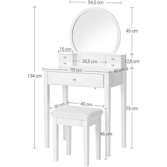 Toucador mesa de maquilhagem beleza 3 gavetas espelho oval banco acolchoado 70 x 40 x 130 cm