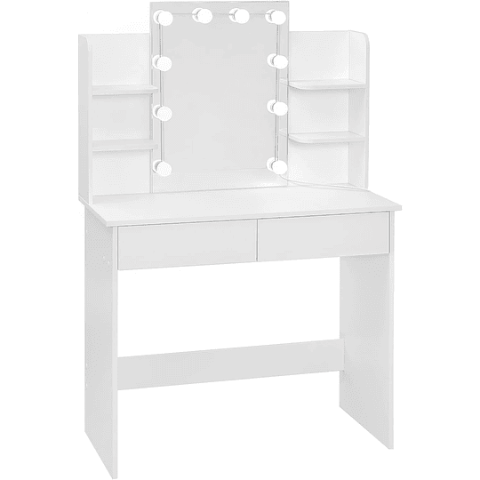 Vanity de maquilhagem com espelho e luz regulável LED, com tomada de 2 portas USB, mesa de toucador com 2 gavetas e 4 prateleiras, maquilhagem para quarto, branco
