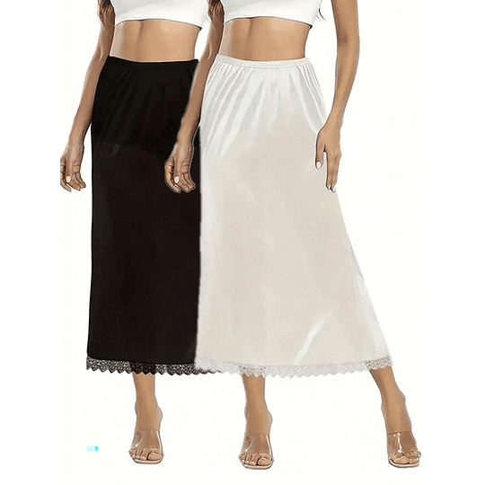 2 peças de cor sólida meia-saia com acabamento em renda, cintura elástica, lingerie feminina e saia modeladora
