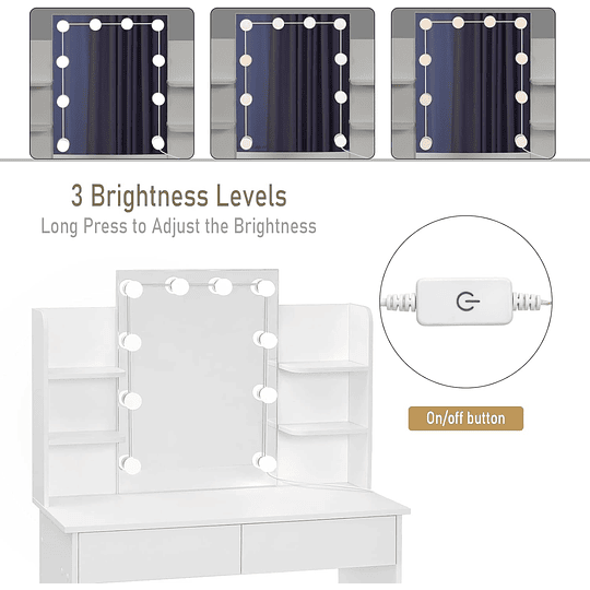 Vanity de maquilhagem com espelho e luz regulável LED, com tomada de 2 portas USB, mesa de toucador com 2 gavetas e 4 prateleiras, maquilhagem para quarto, branco