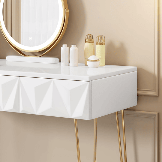Vidro de maquilhagem com espelho e luz LED, iluminação ajustável, conjunto de mesa toucador com cadeira veludo, toucador de mesa com 3 gavetas, branco dourado