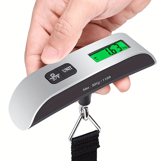 Balança digital de bagagem com visor LCD, capacidade de 110 lb/50 kg, ferramenta ergonômica de pesagem de malas suspensas com bateria de botão incluída, seguro para contacto com alimentos - medição de