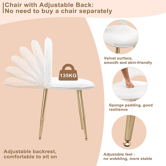 Vidro de maquilhagem com espelho e luz LED, iluminação ajustável, conjunto de mesa toucador com cadeira veludo, toucador de mesa com 3 gavetas, branco dourado