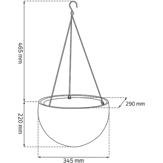 Vaso suspenso com 3 correntes; 100% material reciclado; 35 x 35 x 22 cm; capacidade 8,6 l; corpo vime
