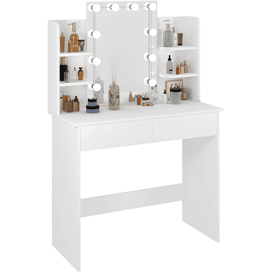 Vanity de maquilhagem com espelho e luz regulável LED, com tomada de 2 portas USB, mesa de toucador com 2 gavetas e 4 prateleiras, maquilhagem para quarto, branco
