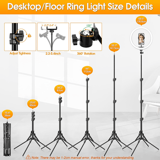 11,5 Aro de luz com tripé alto, Ring Light com 40 RGB Mode 13 brilho para telemóvel Youtube maquilhagem, anel de luz LED com controlo remoto para selfie fotogra...