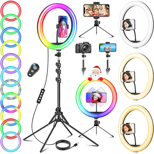 11,5 Aro de luz com tripé alto, Ring Light com 40 RGB Mode 13 brilho para telemóvel Youtube maquilhagem, anel de luz LED com controlo remoto para selfie fotogra...