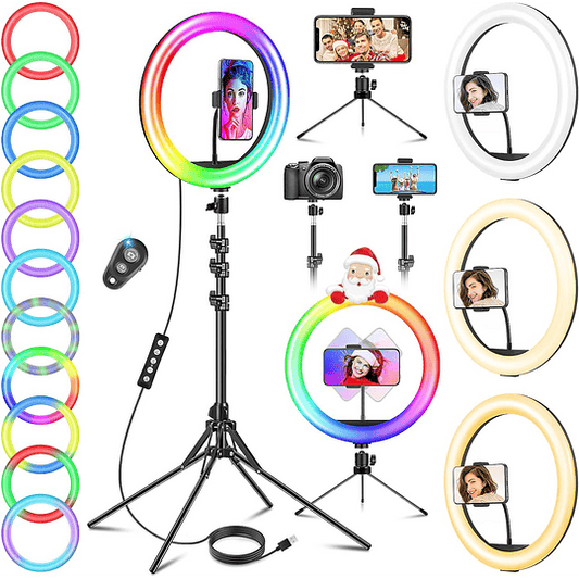 11,5 Aro de luz com tripé alto, Ring Light com 40 RGB Mode 13 brilho para telemóvel Youtube maquilhagem, anel de luz LED com controlo remoto para selfie fotogra...