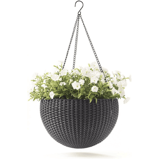 Vaso suspenso com 3 correntes; 100% material reciclado; 35 x 35 x 22 cm; capacidade 8,6 l; corpo vime