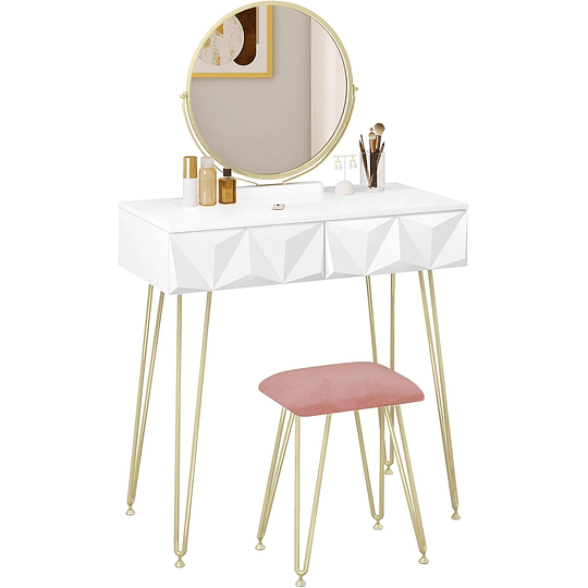 Vidro de maquilhagem com espelho e luz LED, iluminação ajustável, conjunto de mesa toucador com cadeira veludo, toucador de mesa com 3 gavetas, branco dourado
