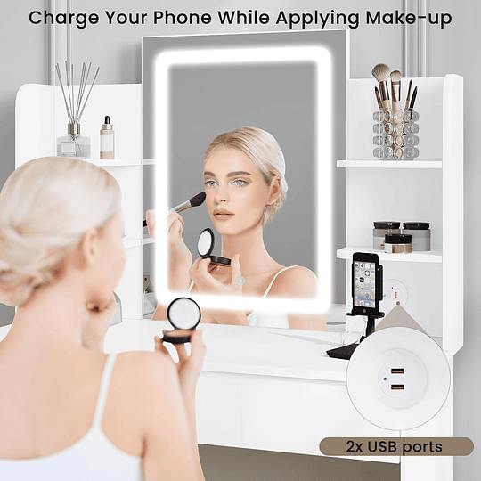 Vanity de maquilhagem com espelho e luz regulável LED, com tomada de 2 portas USB, mesa de toucador com 2 gavetas e 4 prateleiras, maquilhagem para quarto, branco