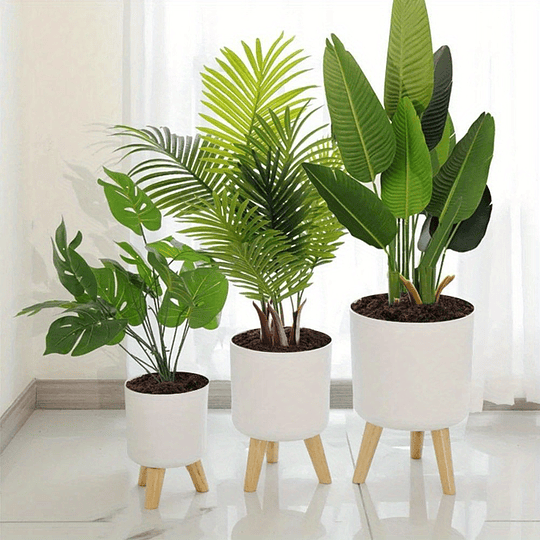 Vaso de flores redondo moderno com pernas de madeira: auto-irrigação, sistema de drenagem, uso interior/exterior, adequado para ervas e bonsai