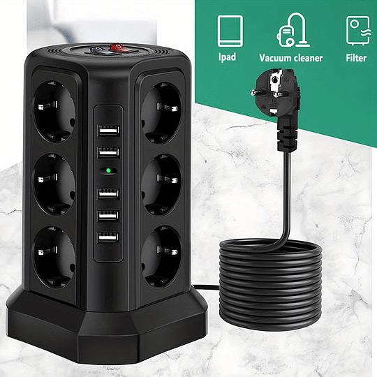 Torre Multi Power Strip Ficha UE vertical Tomadas de 12 vias com 5 interruptores USB Gama de energia vertical múltipla 2 interruptores Multi Tomada Power Strip, proteção contra picos e proteção contra