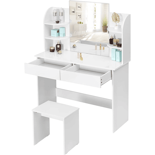 Toucador com banco e espelho, mesa de maquilhagem com 4 prateleiras 108 x 40 x 142 cm
